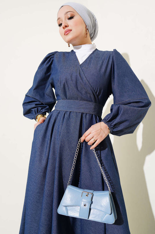 Robe en jean à manches ballon croisées bleu foncé