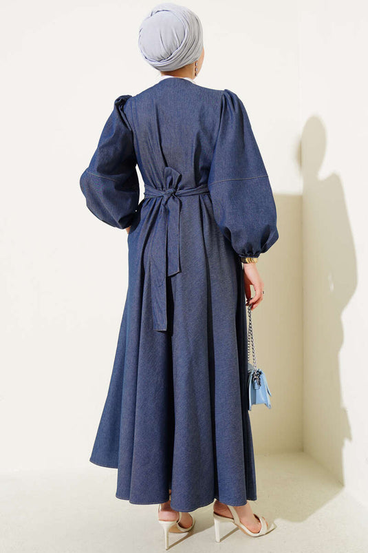 Robe en jean à manches ballon croisées bleu foncé