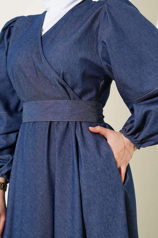 Robe en jean à manches ballon croisées bleu foncé