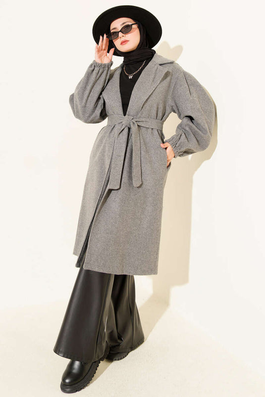 Double Breasted Balloon Sleeve Belted Coat in Smoke