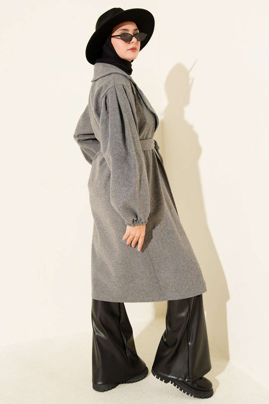 Double Breasted Balloon Sleeve Belted Coat in Smoke