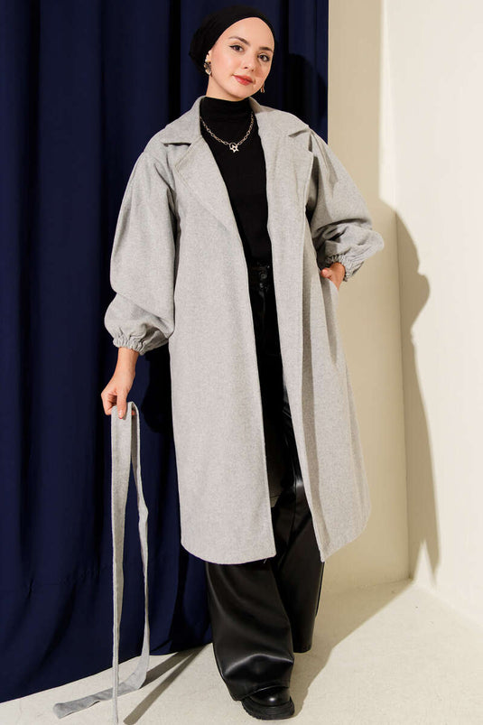 Double Breasted Collar Balloon Sleeve Belted Coat Gray