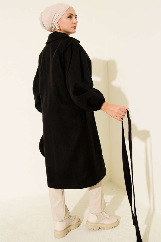 Kruvaze Yaka Balon Kol Kuşaklı Kaban Siyah