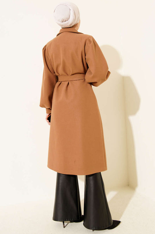 Kruvaze Yaka Balon Kol Kuşaklı Kaşe Kaban Camel