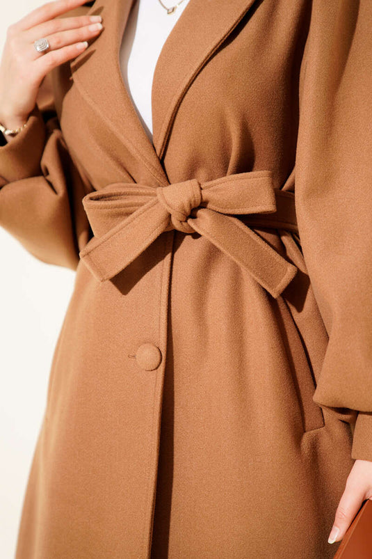 Kruvaze Yaka Balon Kol Kuşaklı Kaşe Kaban Camel