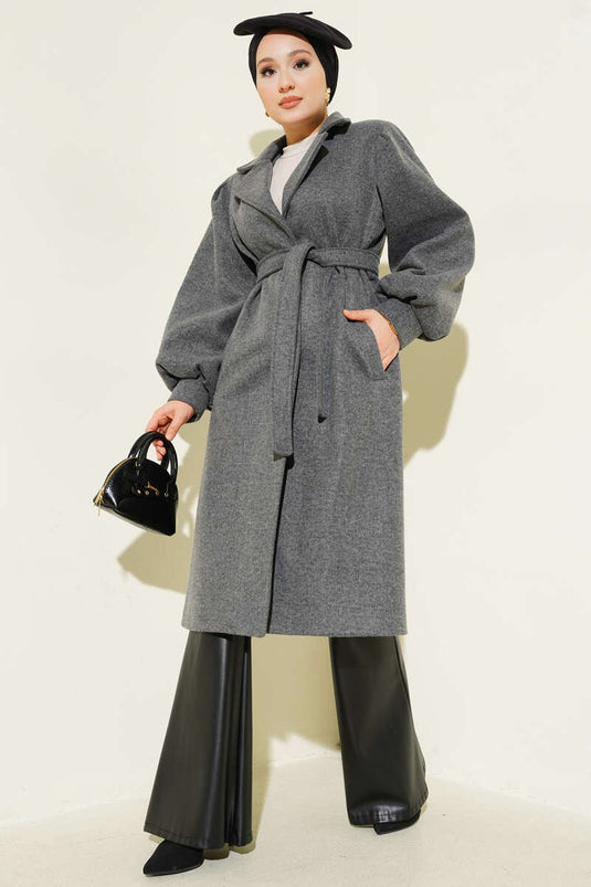 Double Breasted Balloon Sleeve Belted Cashmere Coat in Smoke