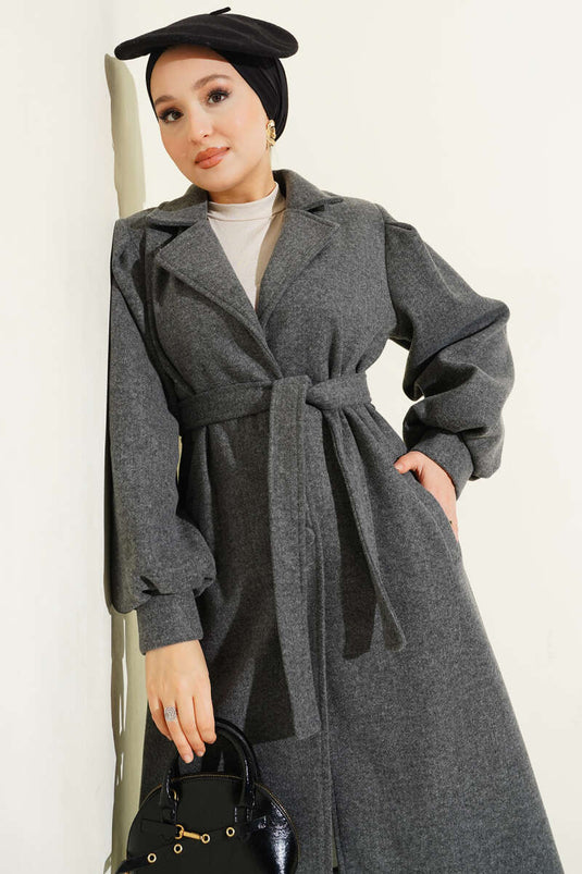 Doppelreihiger Kaschmirmantel mit Ballonärmeln und Gürtel in Rauchgrau