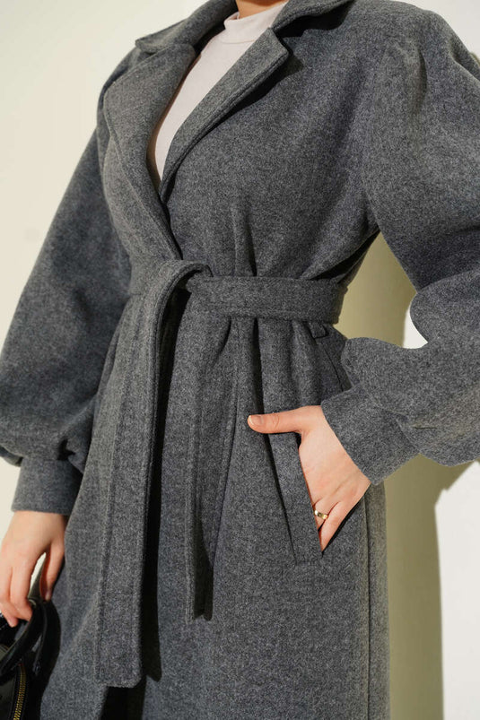 Double Breasted Balloon Sleeve Belted Cashmere Coat in Smoke