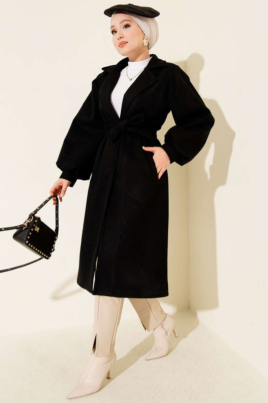 Kruvaze Yaka Balon Kol Kuşaklı Kaşe Kaban Siyah