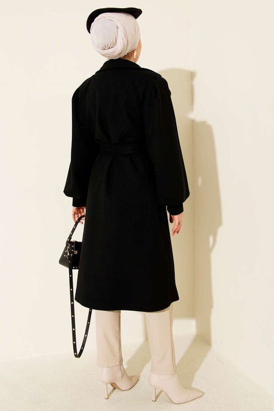 Kruvaze Yaka Balon Kol Kuşaklı Kaşe Kaban Siyah