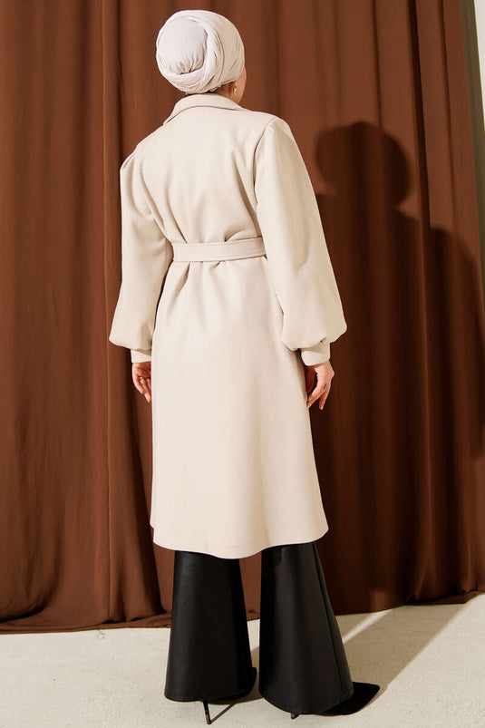 Kruvaze Yaka Balon Kol Kuşaklı Kaşe Kaban Taş