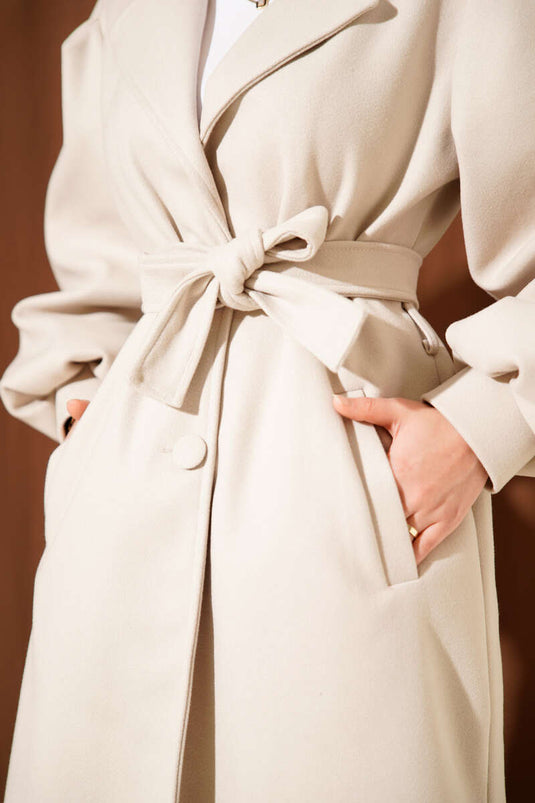 Kruvaze Yaka Balon Kol Kuşaklı Kaşe Kaban Taş