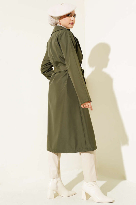 Khaki Double-Breasted Belted Trench Coat