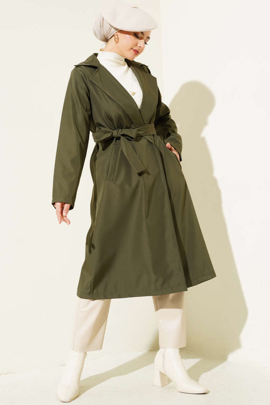 Trench-Coat Ceinturé à Col Double Boutonnage Kaki