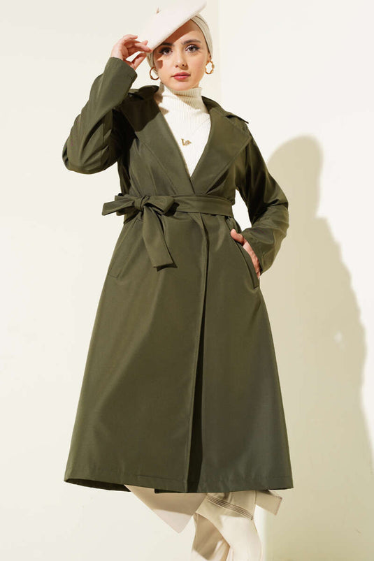 Khaki Double-Breasted Belted Trench Coat