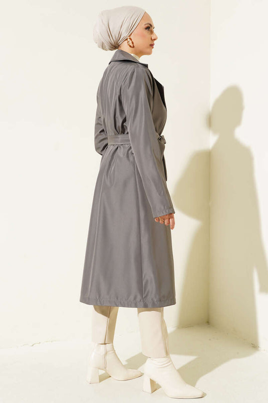 Trench-Coat Ceinturé à Col Double Boutonnage Gris Ardoise