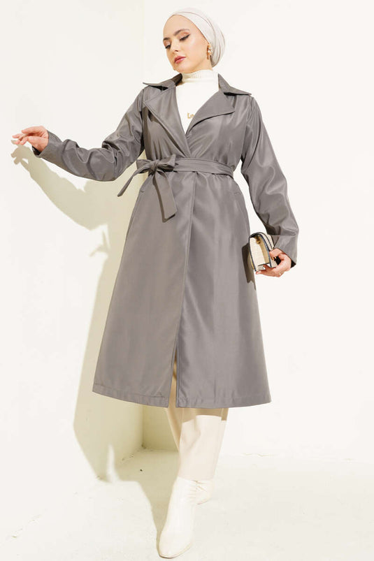 Trench-Coat Ceinturé à Col Double Boutonnage Gris Ardoise