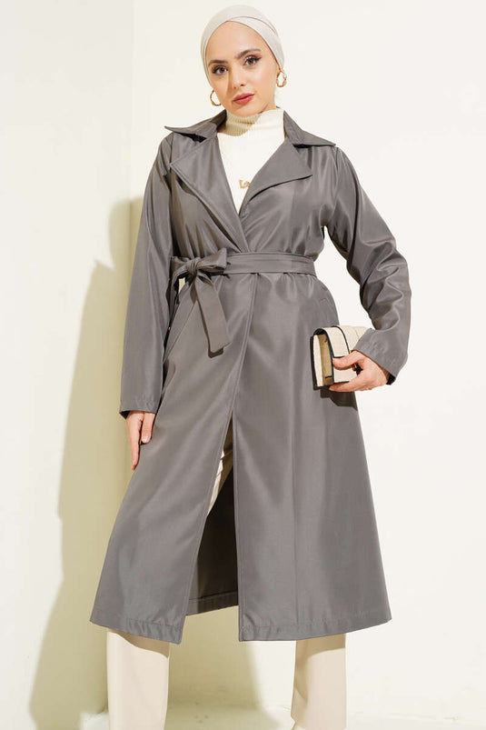 Double-Breasted Belted Trench Coat Slate Gray