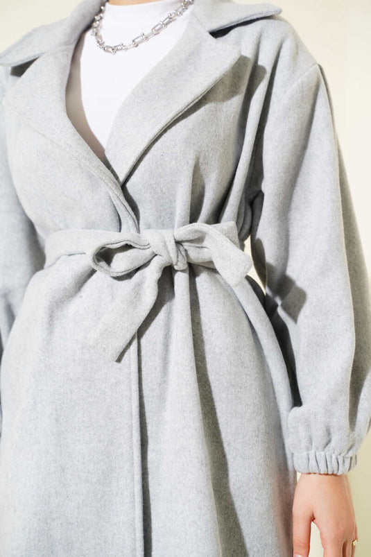 Double-Breasted Waist-Tied Coat in Gray