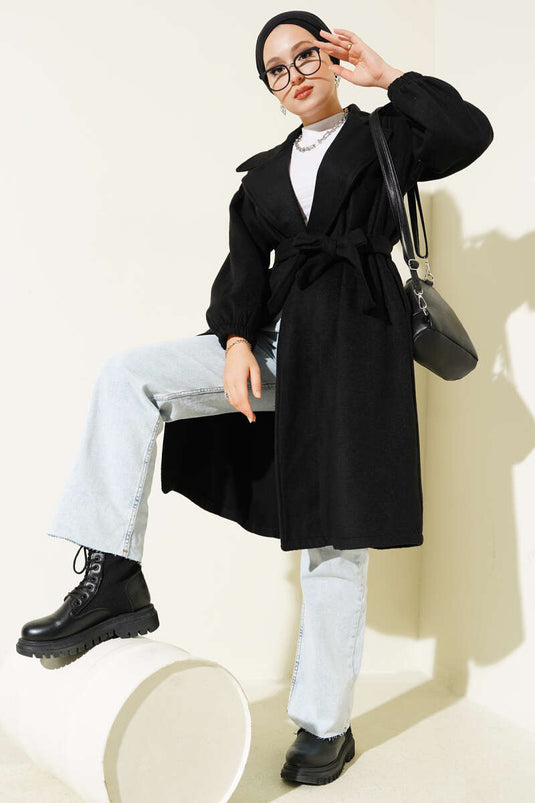 Double-Breasted Waist-Tied Coat Black