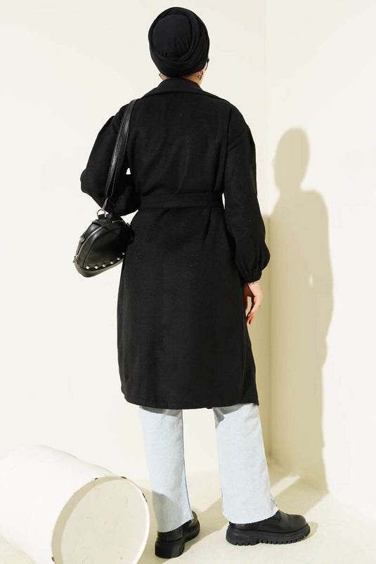 Double-Breasted Waist-Tied Coat Black