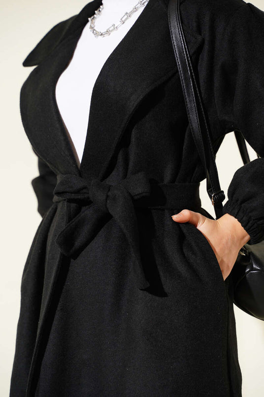 Double-Breasted Waist-Tied Coat Black