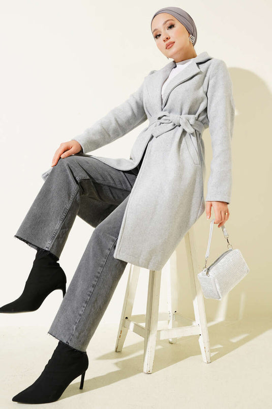 Double-Breasted Waist Belted Coat Gray