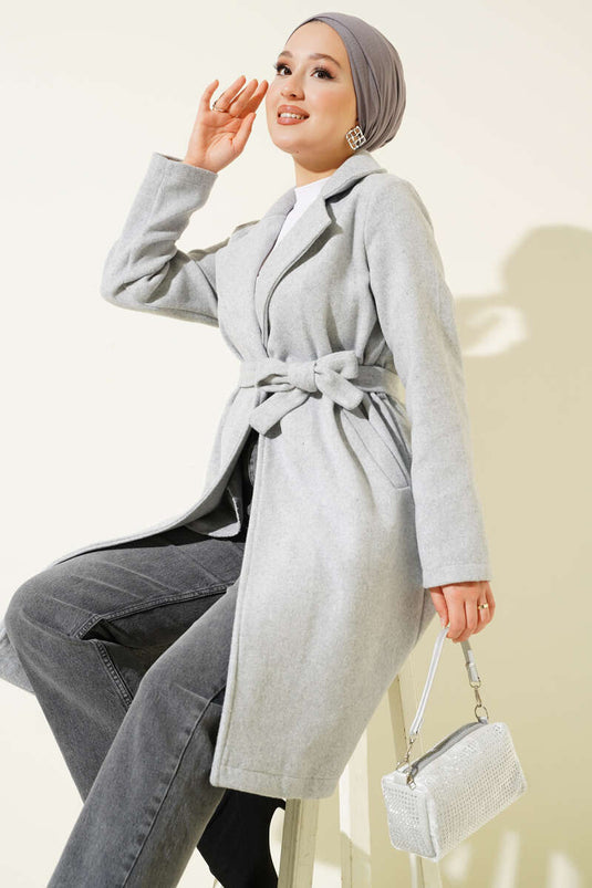 Double-Breasted Waist Belted Coat Gray