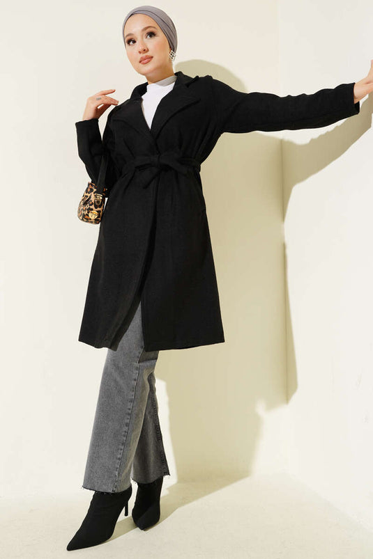 Kruvaze Yaka Belden Kuşaklı Kaban Siyah