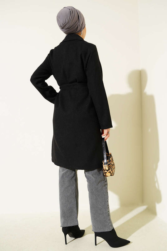 Kruvaze Yaka Belden Kuşaklı Kaban Siyah