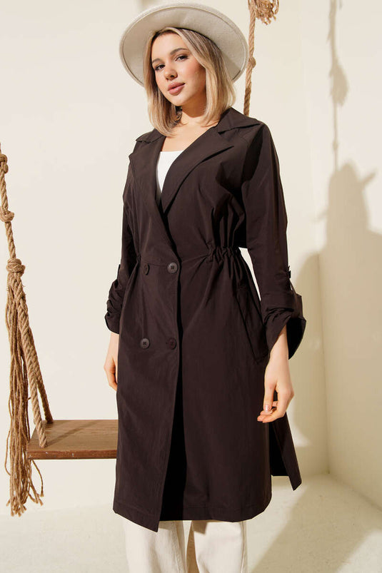 Cross-collared Waist-gathered Buttoned Trench Coat Brown