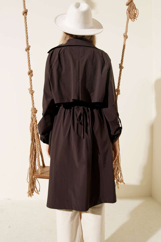 Cross-collared Waist-gathered Buttoned Trench Coat Brown