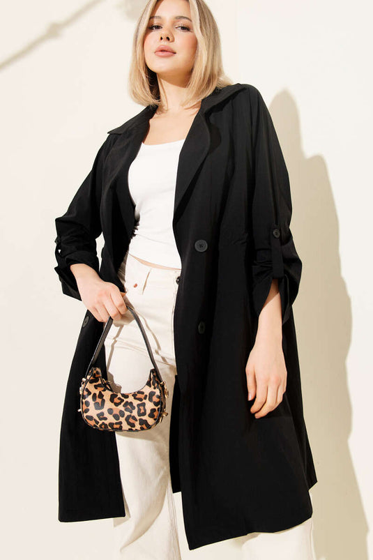 Cross-collar Waist-gathered Buttoned Trench Coat Black