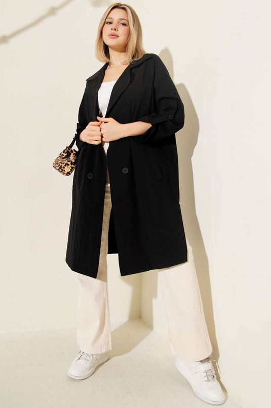 Cross-collar Waist-gathered Buttoned Trench Coat Black