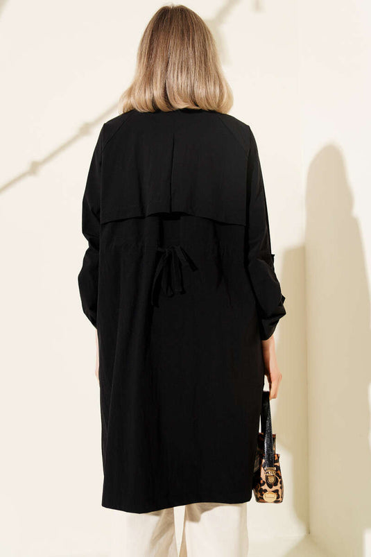 Cross-collar Waist-gathered Buttoned Trench Coat Black