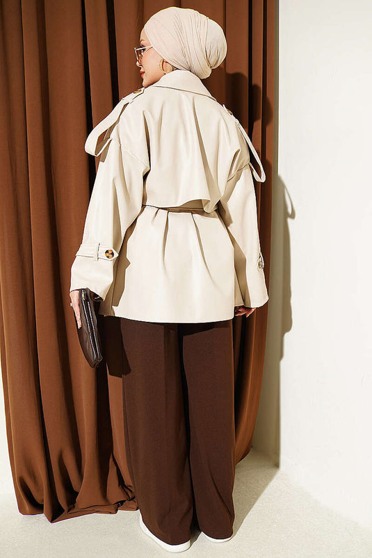 Veste En Cuir Beige À Col Croisé Et Ceinture
