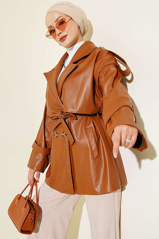 Veste En Cuir Marron À Col Croisé Et Ceinture