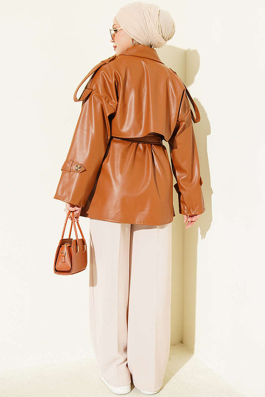 Veste En Cuir Marron À Col Croisé Et Ceinture
