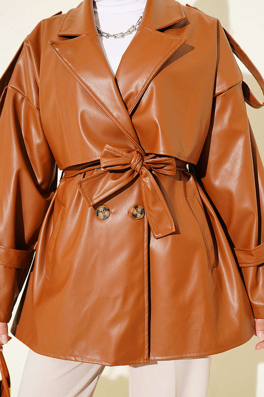 Veste En Cuir Marron À Col Croisé Et Ceinture