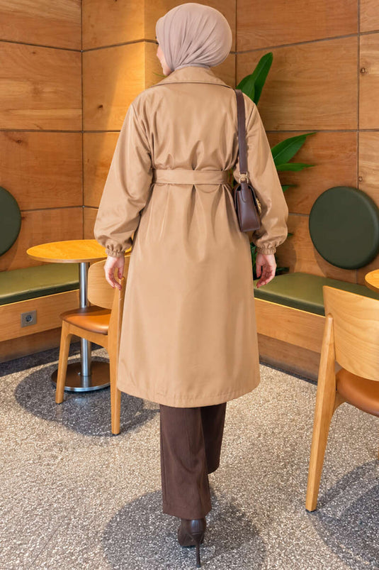 Wrap Collar Belted Trench Coat Camel