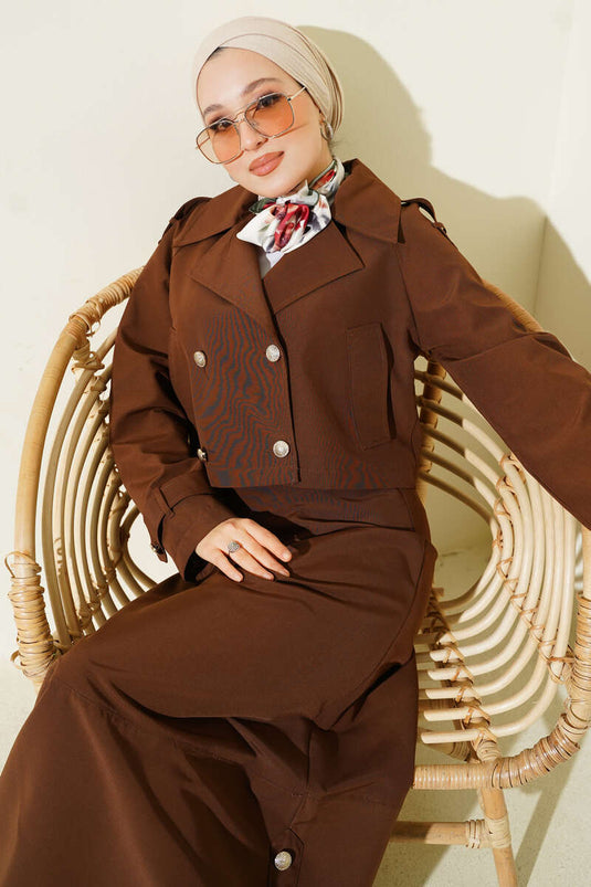 Ensemble veste et jupe croisées marron deux pièces