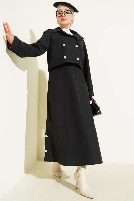 Kruvaze Yaka Ceket Etekli İkili Takım Siyah