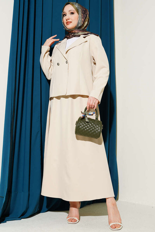 Doppelter Anzug mit Wickelkragen, Jacke und Rock, Beige