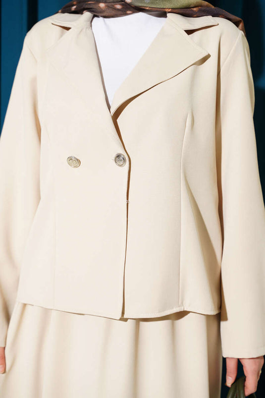 Doppelter Anzug mit Wickelkragen, Jacke und Rock, Beige