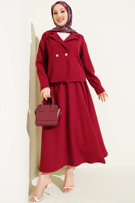 Double Set with Wrap Collar Jacket and Skirt, Burgundy