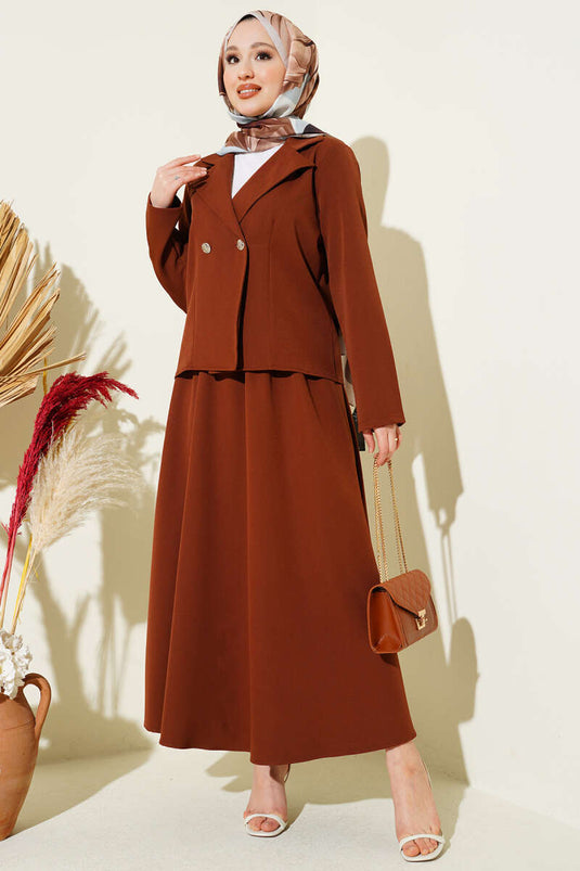 Ensemble double jupe et veste à col croisé marron
