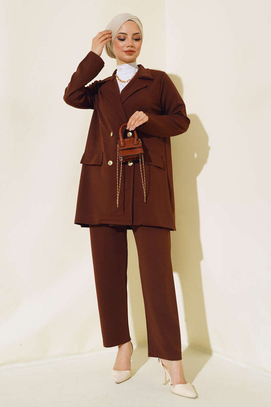 Veste Col Croisé Costume Double Marron