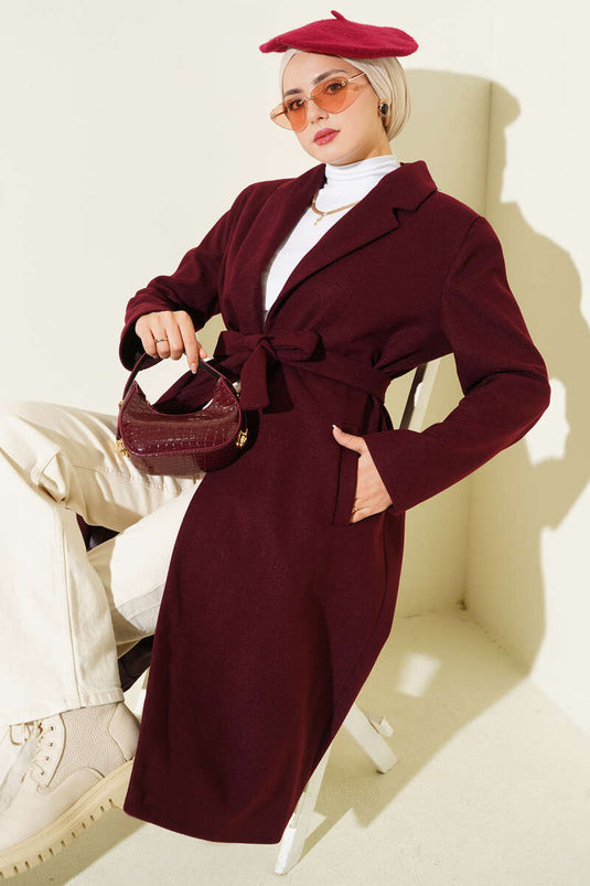 Kruvaze Yaka Cepli Kaşe Kaban Bordo