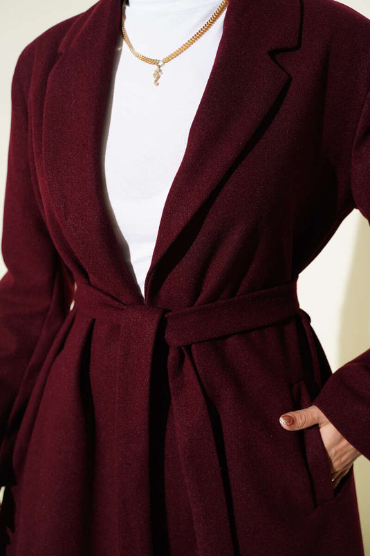 Kruvaze Yaka Cepli Kaşe Kaban Bordo