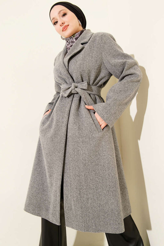 Kruvaze Yaka Cepli Kaşe Kaban Füme